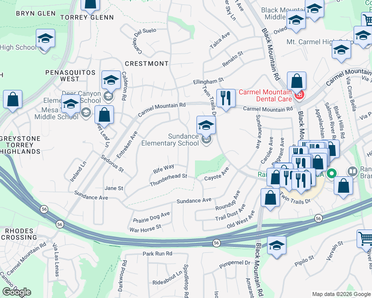 map of restaurants, bars, coffee shops, grocery stores, and more near 13280 Sparren Avenue in San Diego