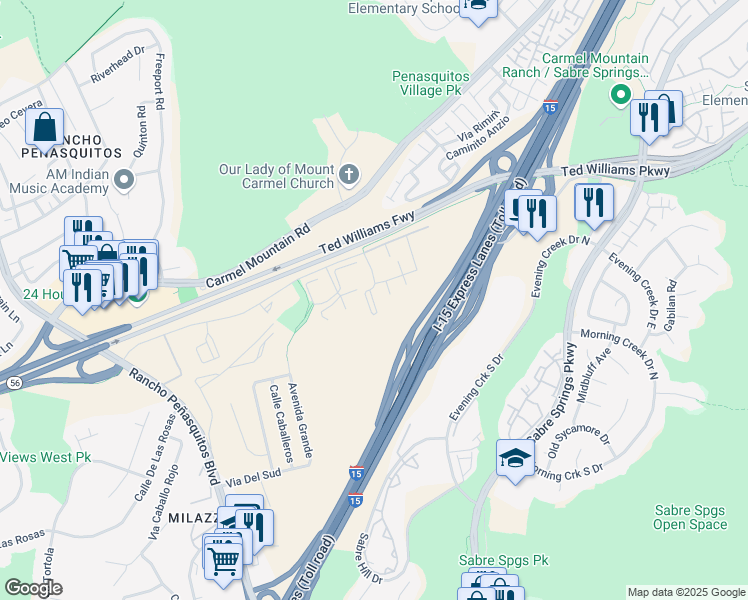 map of restaurants, bars, coffee shops, grocery stores, and more near 10325 Azuaga Street in San Diego