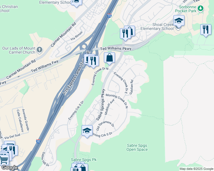 map of restaurants, bars, coffee shops, grocery stores, and more near 13352 Cool Lake Way in San Diego