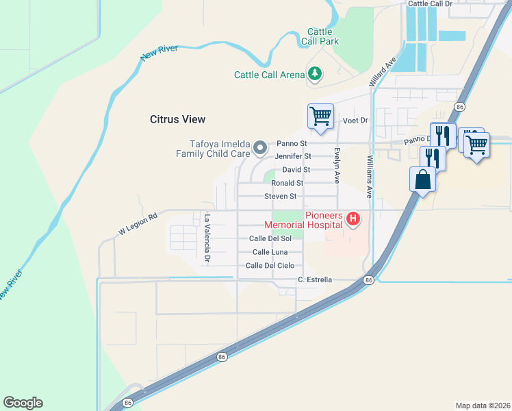 map of restaurants, bars, coffee shops, grocery stores, and more near 1033 Calle De Vida in Brawley