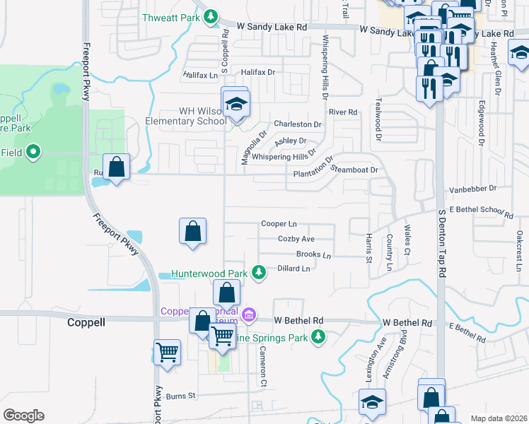 map of restaurants, bars, coffee shops, grocery stores, and more near 441 Cooper Lane in Coppell