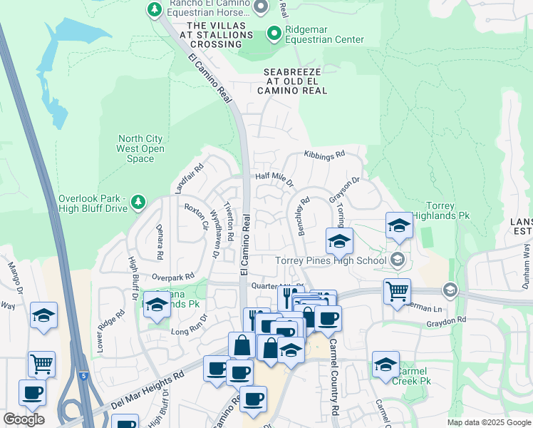 map of restaurants, bars, coffee shops, grocery stores, and more near 3827 Creststone Place in San Diego