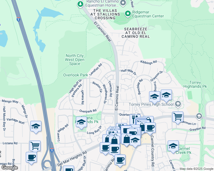 map of restaurants, bars, coffee shops, grocery stores, and more near 13398 Tiverton Road in San Diego