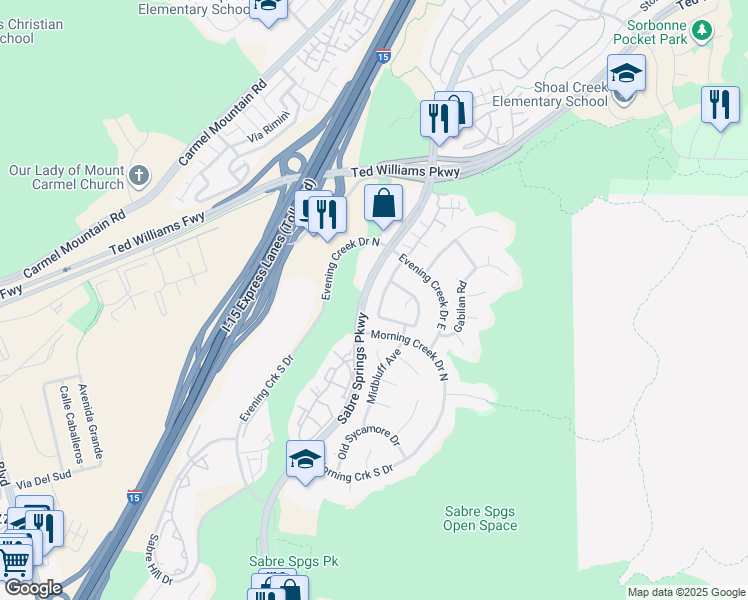 map of restaurants, bars, coffee shops, grocery stores, and more near 13352 Cool Lake Way in San Diego