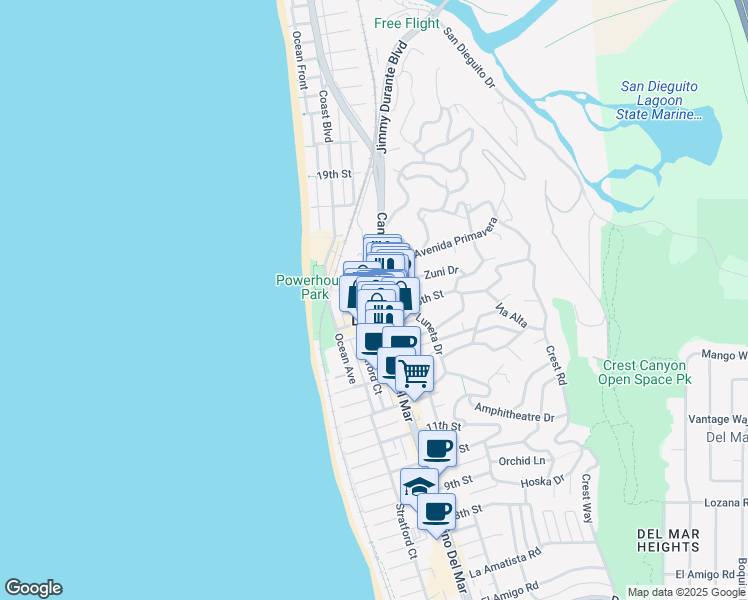 map of restaurants, bars, coffee shops, grocery stores, and more near in Del Mar