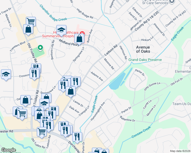 map of restaurants, bars, coffee shops, grocery stores, and more near 110 Washington Drive in Ladson