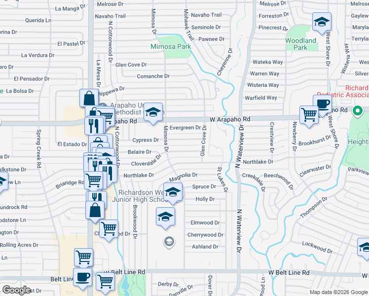 map of restaurants, bars, coffee shops, grocery stores, and more near 1224 Northlake Drive in Richardson