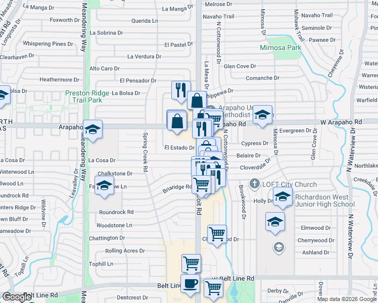 map of restaurants, bars, coffee shops, grocery stores, and more near 7952 La Cosa Drive in Dallas