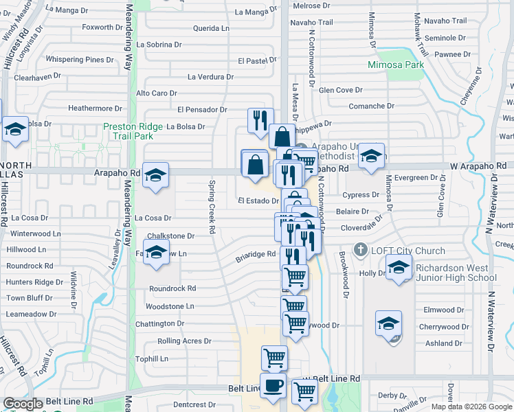 map of restaurants, bars, coffee shops, grocery stores, and more near 7904 La Cosa Drive in Dallas