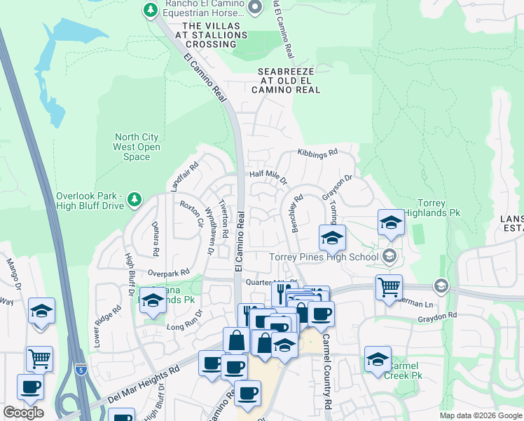map of restaurants, bars, coffee shops, grocery stores, and more near 3876 Creststone Place in San Diego