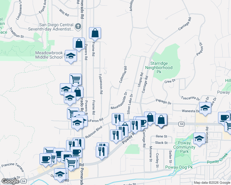 map of restaurants, bars, coffee shops, grocery stores, and more near 12647 McFeron Road in Poway