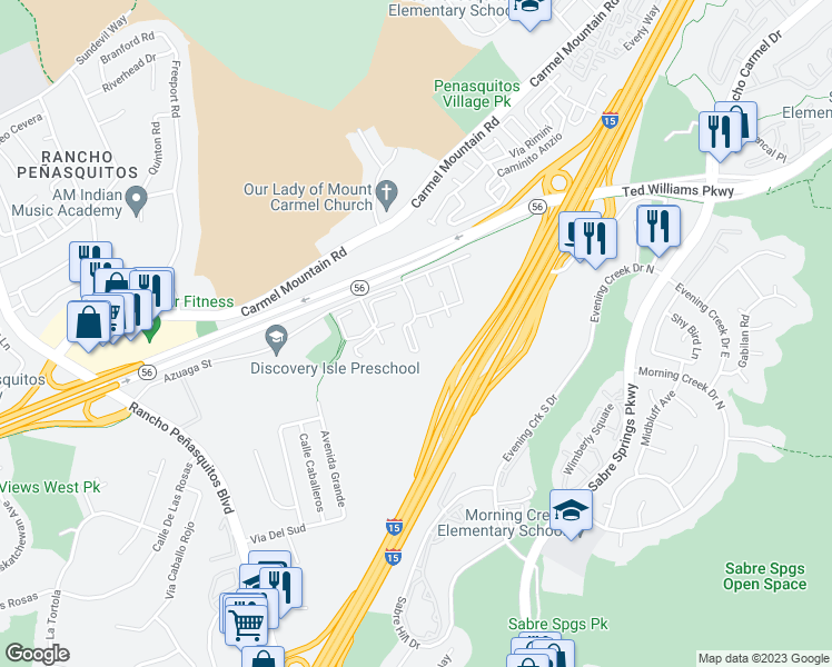 map of restaurants, bars, coffee shops, grocery stores, and more near 10327 Azuaga Street in San Diego