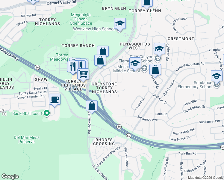 map of restaurants, bars, coffee shops, grocery stores, and more near 13268 Trailhead Place in San Diego