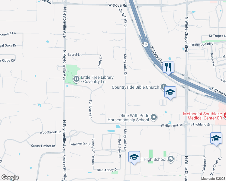 map of restaurants, bars, coffee shops, grocery stores, and more near 1360 Shady Oaks Drive in Southlake