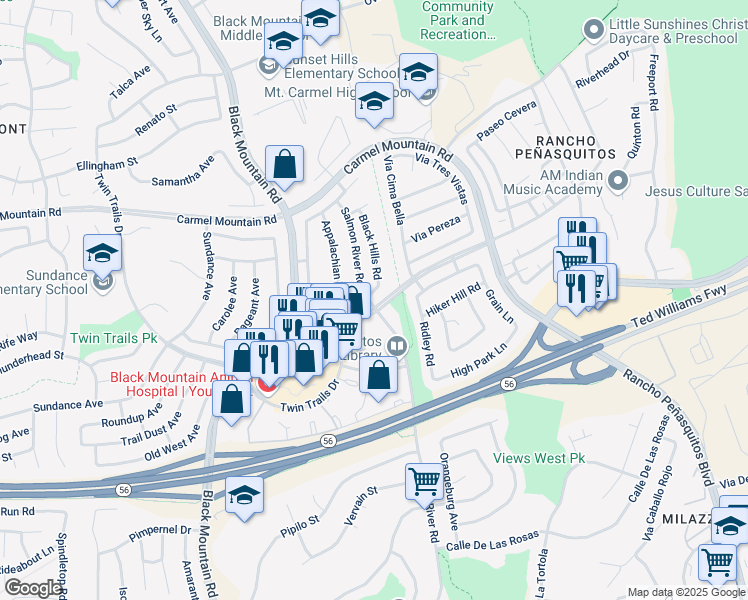 map of restaurants, bars, coffee shops, grocery stores, and more near 9405 Black Hills Way in San Diego