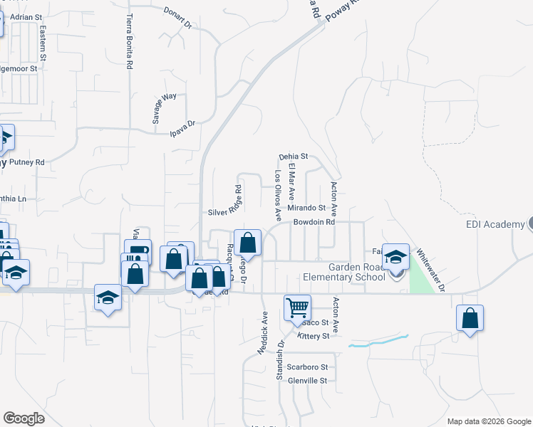map of restaurants, bars, coffee shops, grocery stores, and more near 13448 Standish Drive in Poway