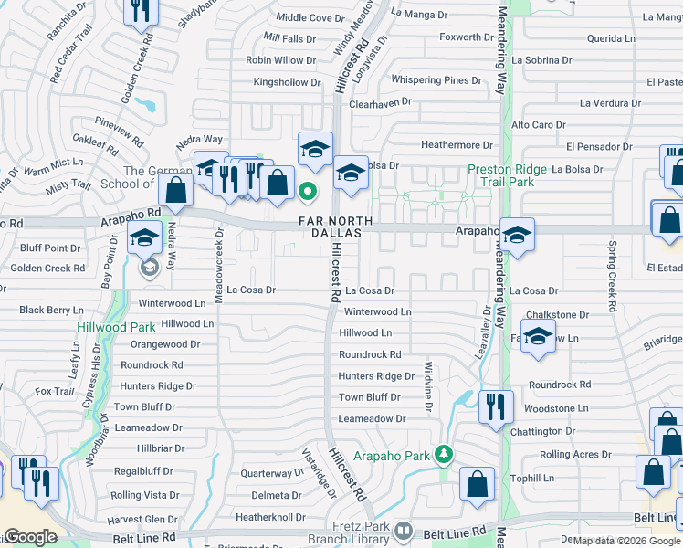 map of restaurants, bars, coffee shops, grocery stores, and more near 7105 La Cosa Drive in Dallas