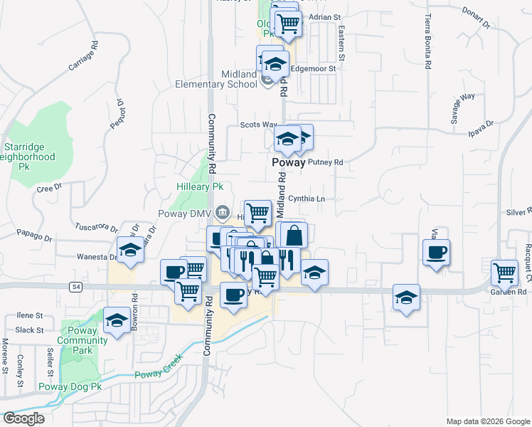 map of restaurants, bars, coffee shops, grocery stores, and more near 13546 Hilleary Place in Poway