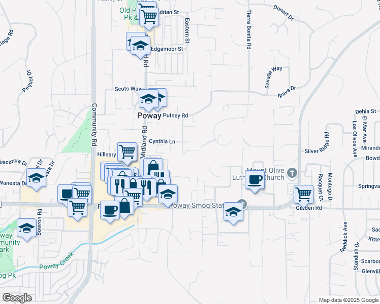 map of restaurants, bars, coffee shops, grocery stores, and more near 13501 Melissa Lane in Poway