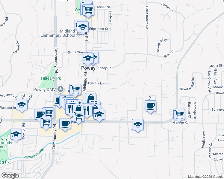 map of restaurants, bars, coffee shops, grocery stores, and more near 13501 Melissa Lane in Poway