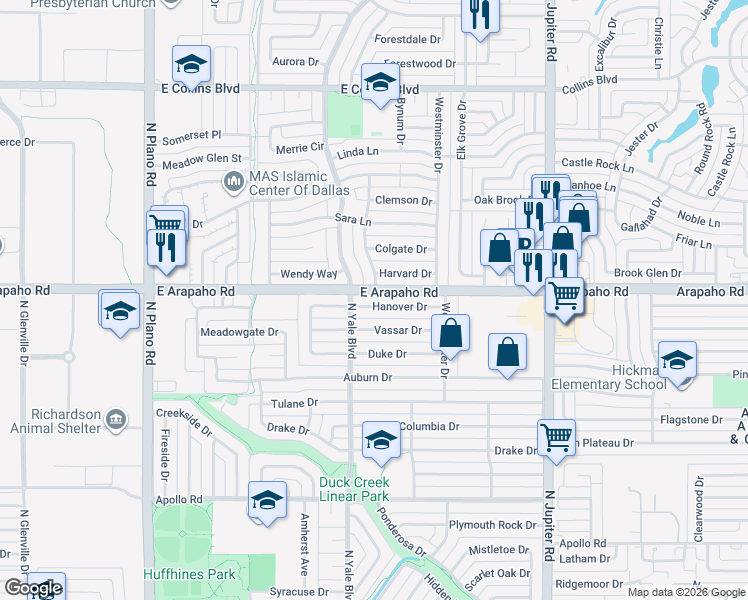 map of restaurants, bars, coffee shops, grocery stores, and more near 1814 Harvard Drive in Richardson