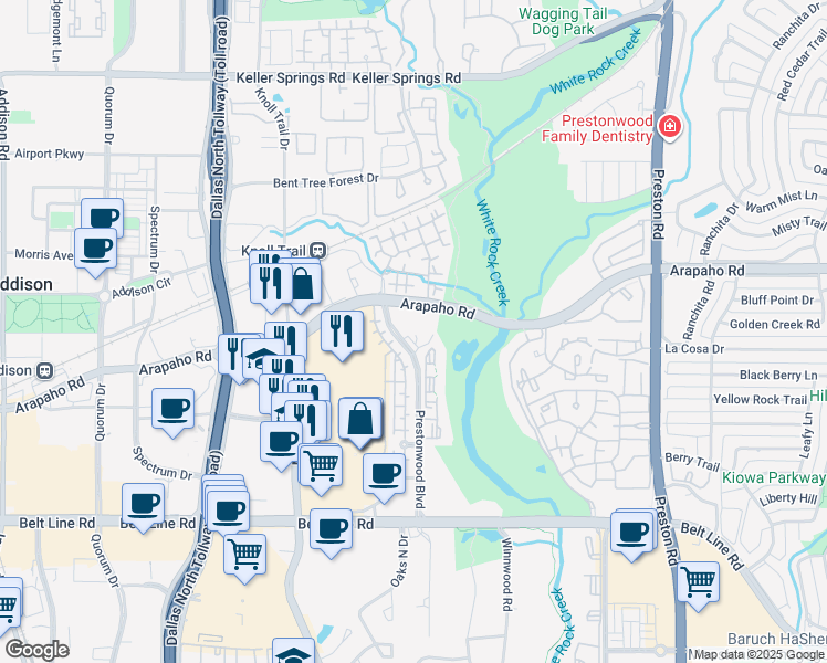 map of restaurants, bars, coffee shops, grocery stores, and more near 15250 Prestonwood Boulevard in Dallas