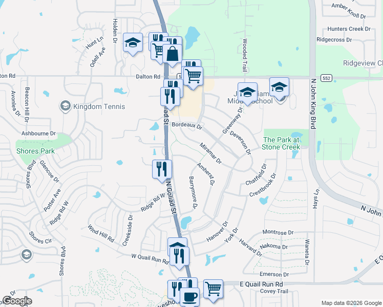 map of restaurants, bars, coffee shops, grocery stores, and more near 787 Miramar Drive in Rockwall