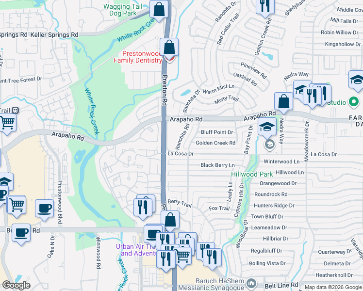 map of restaurants, bars, coffee shops, grocery stores, and more near 15634 Ranchita Drive in Dallas