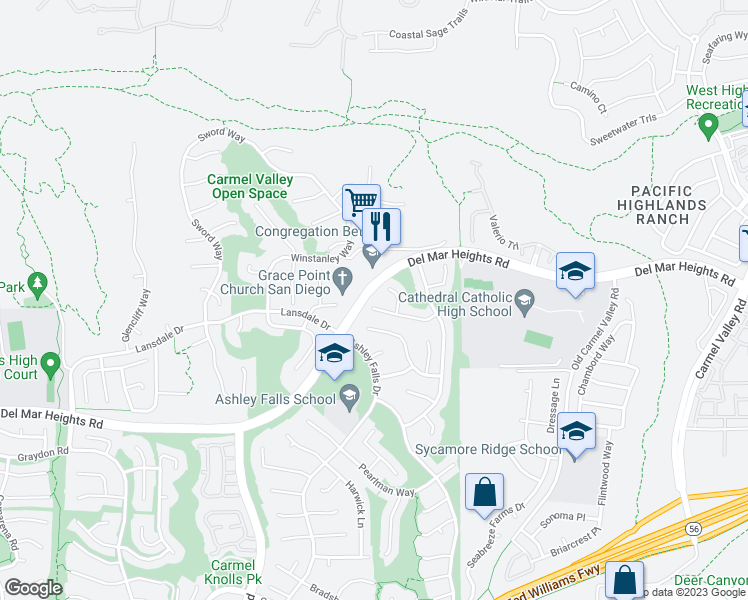 map of restaurants, bars, coffee shops, grocery stores, and more near 5050 Del Mar Heights Road in San Diego