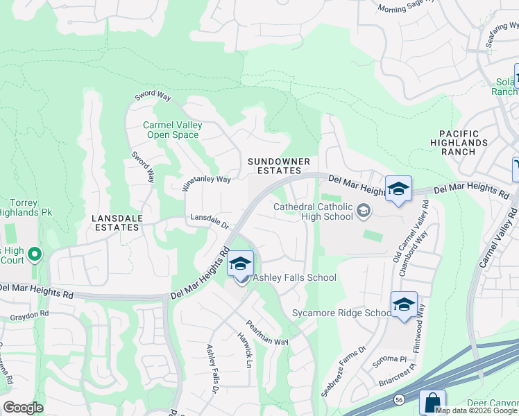 map of restaurants, bars, coffee shops, grocery stores, and more near 5050 Del Mar Heights Road in San Diego