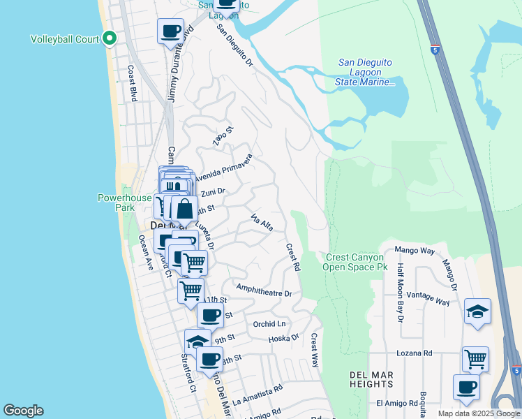 map of restaurants, bars, coffee shops, grocery stores, and more near 627 15th Street in Del Mar