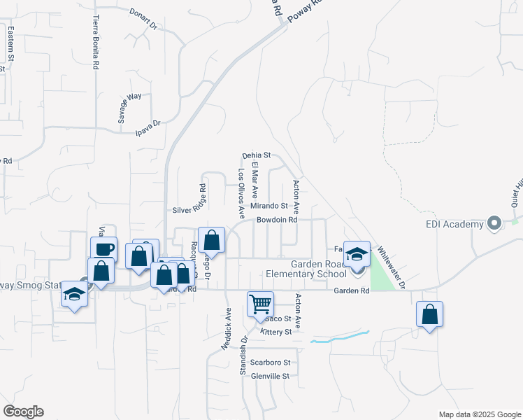 map of restaurants, bars, coffee shops, grocery stores, and more near 14513 Mirando Street in Poway