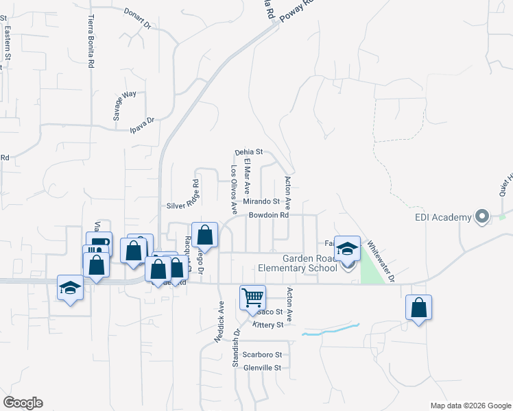 map of restaurants, bars, coffee shops, grocery stores, and more near 13519 Del Marino Avenue in Poway