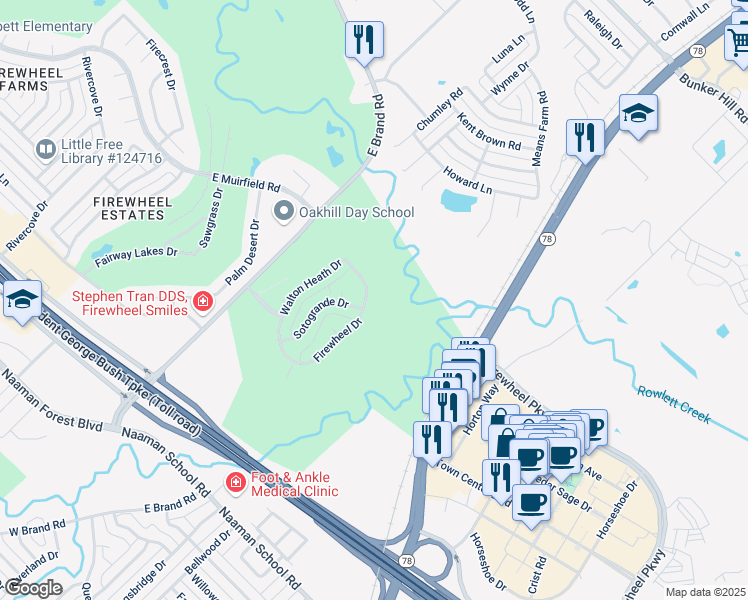 map of restaurants, bars, coffee shops, grocery stores, and more near 4906 Firewheel Drive in Garland