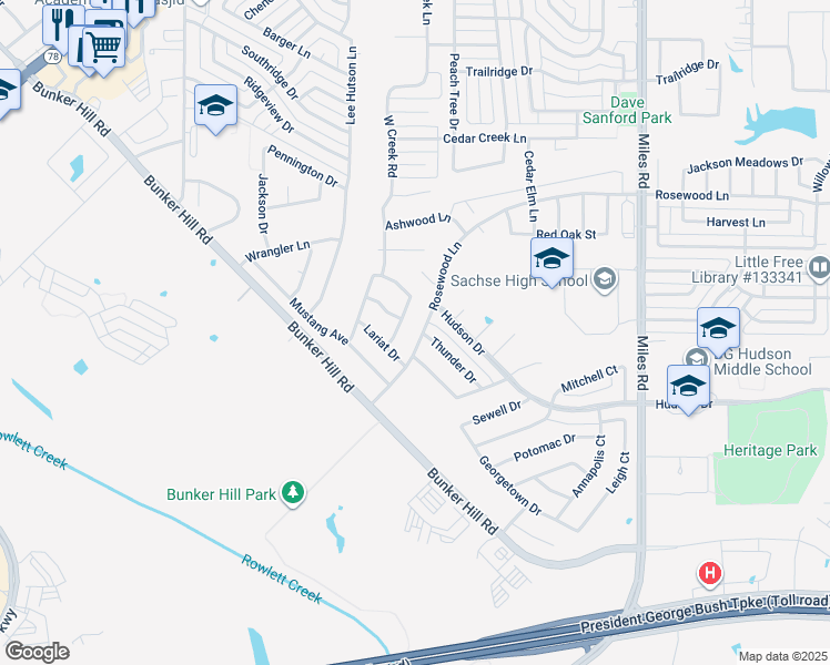 map of restaurants, bars, coffee shops, grocery stores, and more near 4006 Horseshoe Lane in Sachse