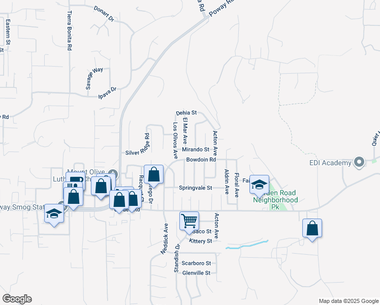 map of restaurants, bars, coffee shops, grocery stores, and more near 14513 Mirando Street in Poway