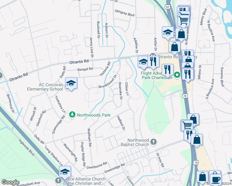 map of restaurants, bars, coffee shops, grocery stores, and more near 8496 Chesapeake Drive in North Charleston