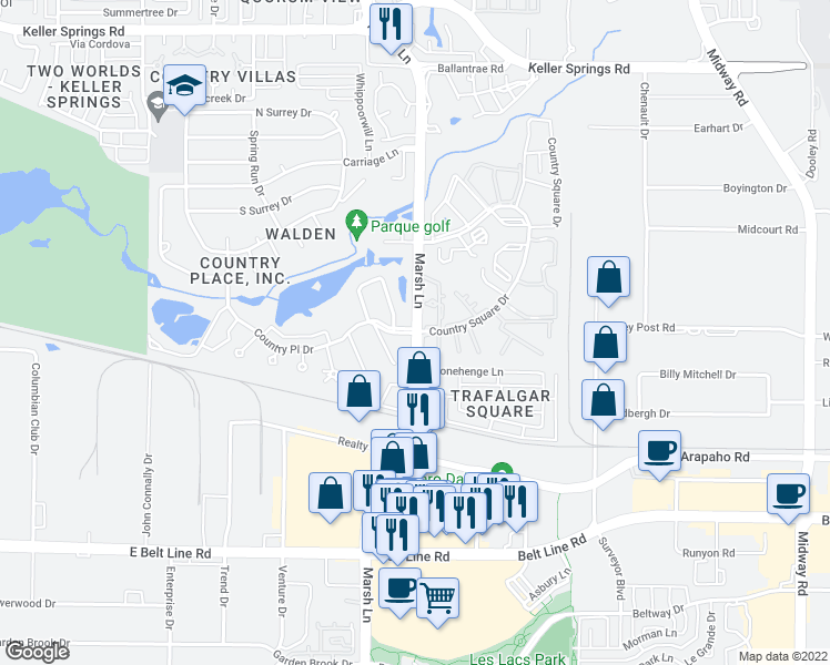 map of restaurants, bars, coffee shops, grocery stores, and more near Marsh Ln & Country Pl in Carrollton