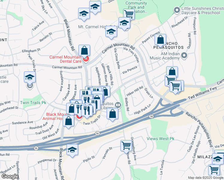 map of restaurants, bars, coffee shops, grocery stores, and more near 9415 Black Hills Way in San Diego