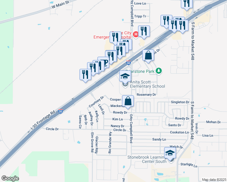 map of restaurants, bars, coffee shops, grocery stores, and more near 901 Interstate 30 in Royse City
