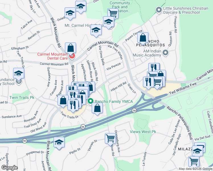 map of restaurants, bars, coffee shops, grocery stores, and more near 13606 Via Cima Bella in San Diego