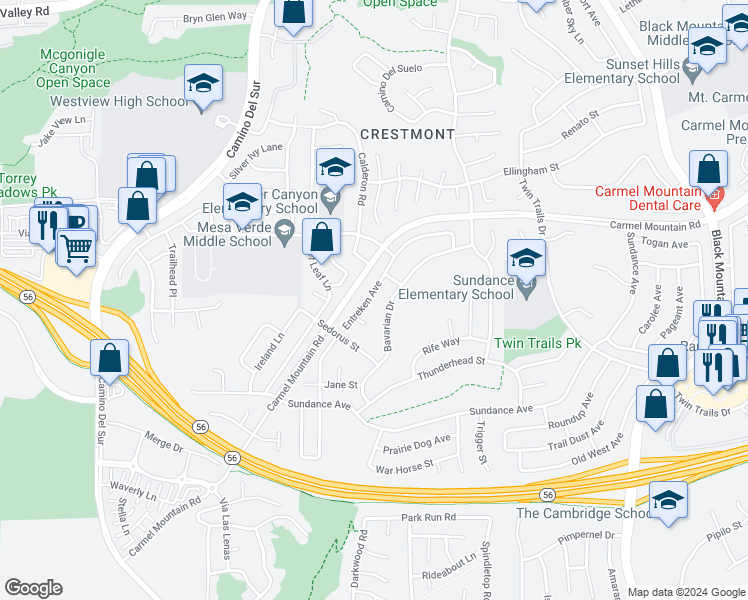 map of restaurants, bars, coffee shops, grocery stores, and more near 13303 Entreken Avenue in San Diego