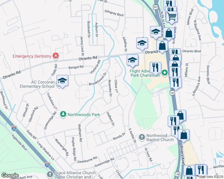 map of restaurants, bars, coffee shops, grocery stores, and more near 8600 Roanoke Drive in North Charleston
