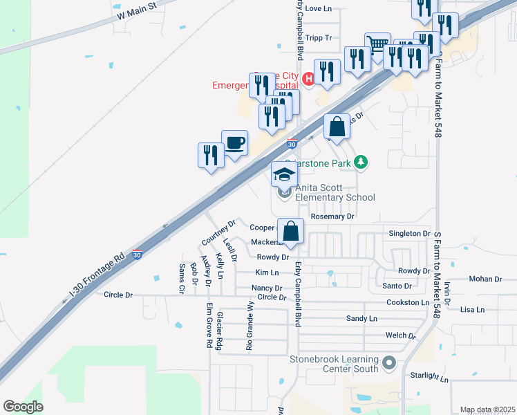 map of restaurants, bars, coffee shops, grocery stores, and more near 901 Interstate 30 in Royse City