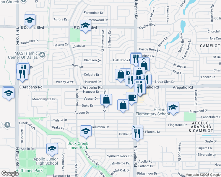 map of restaurants, bars, coffee shops, grocery stores, and more near 1000 Westminster Drive in Richardson