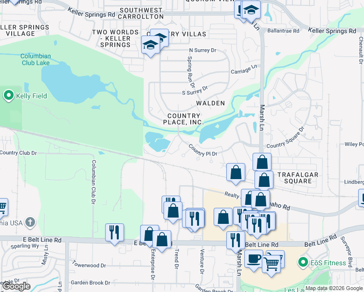 map of restaurants, bars, coffee shops, grocery stores, and more near 2632 Lakehill Lane in Carrollton