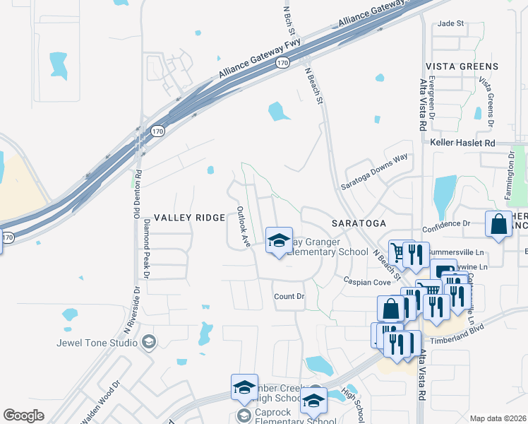 map of restaurants, bars, coffee shops, grocery stores, and more near 12801 Campolina Way in Fort Worth