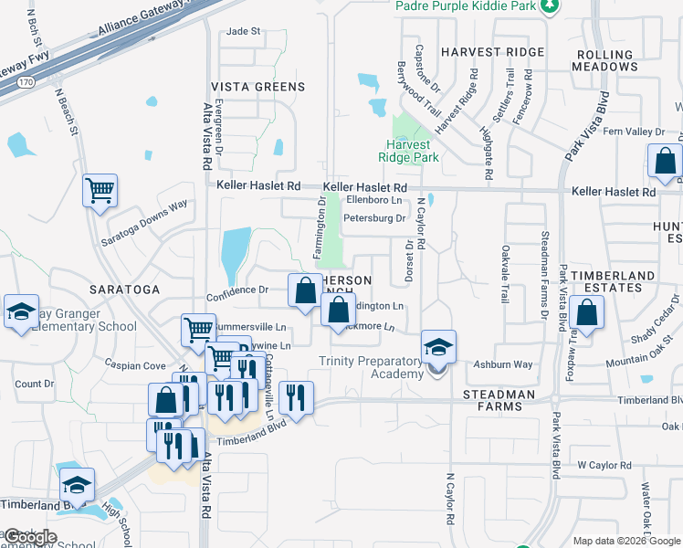 map of restaurants, bars, coffee shops, grocery stores, and more near 12809 Farmington Drive in Fort Worth