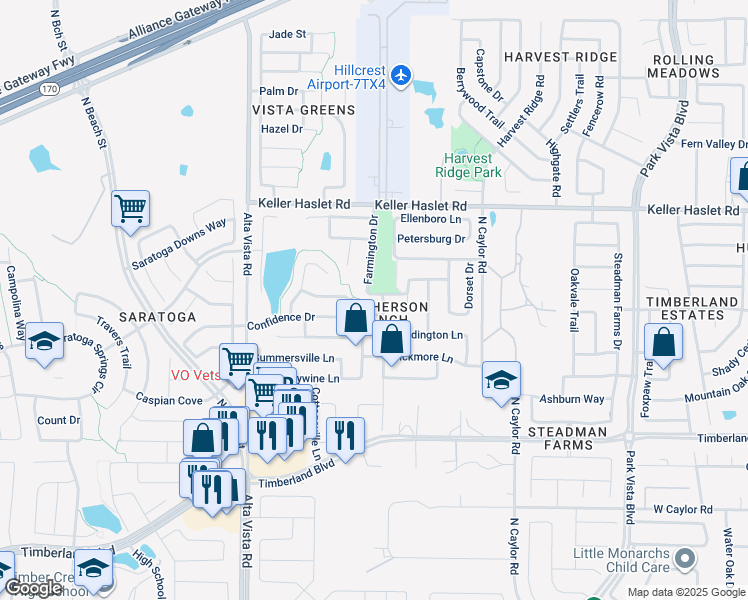 map of restaurants, bars, coffee shops, grocery stores, and more near 12833 Farmington Drive in Fort Worth