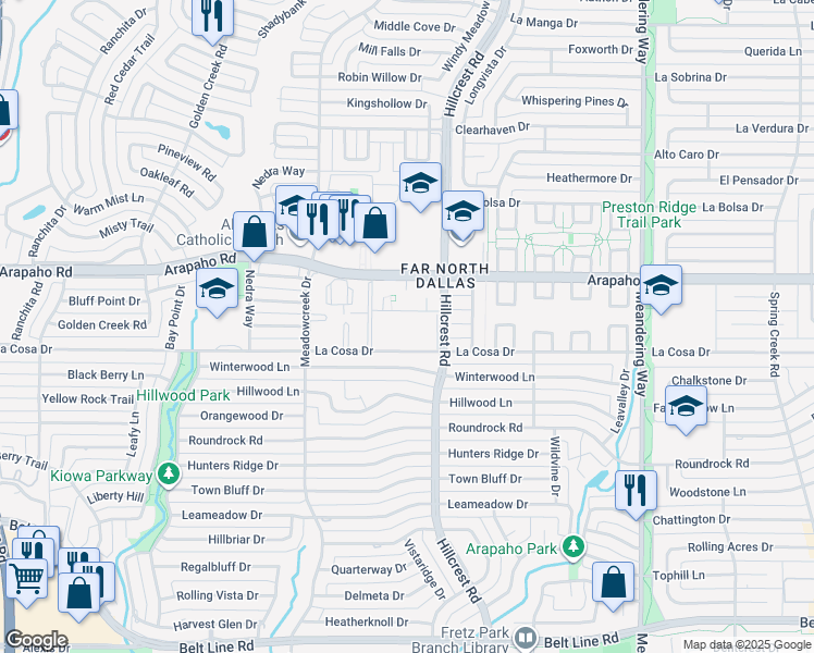map of restaurants, bars, coffee shops, grocery stores, and more near 18 Hillcrest Road in Dallas